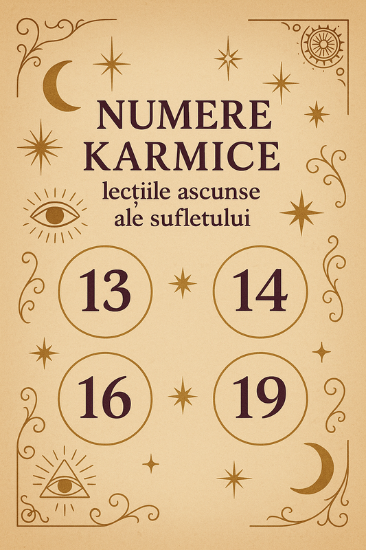 Design mistic cu titlul Numere karmice: lecțiile ascunse ale sufletului, fundal bej, simboluri oculte, numere 13, 14, 16 și 19 evidențiate în cercuri aurii, stil elegant spiritual.