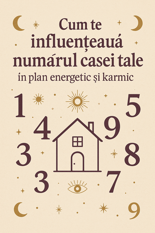 Design numerologic spiritual cu titlul Cum te influențează numărul casei, fundal crem texturat, simboluri de casă și cifre mari, stil mistic și echilibrat.