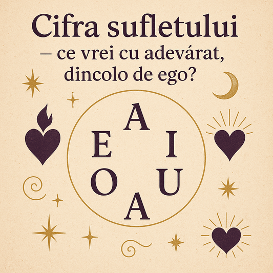 Design spiritual cu titlul Cifra sufletului, fundal bej cu simboluri ale inimii și litere, cercuri aurii în jurul vocalelor A, E, I, O, U și vibrații numerologice subtile.