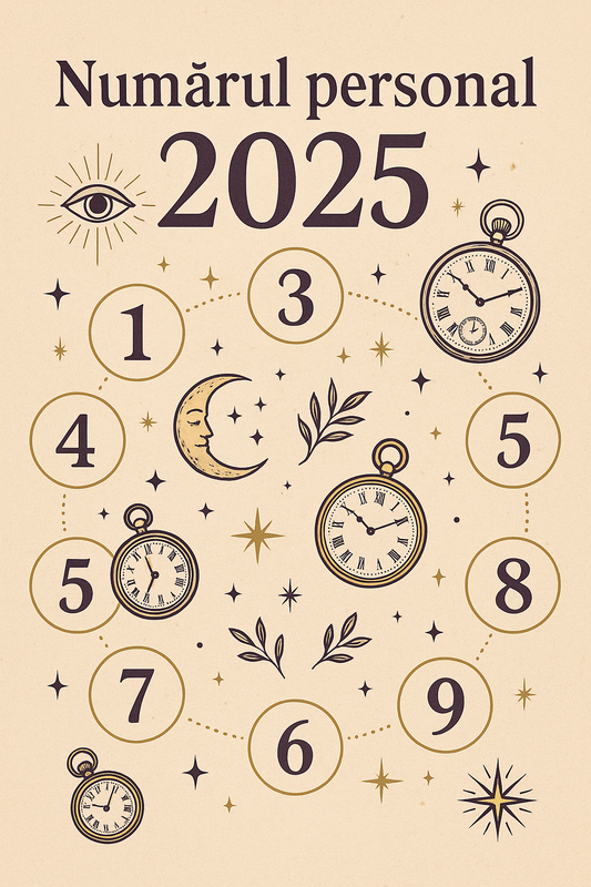 Design spiritual vintage cu titlul Numărul personal 2025, cifrele 1–9 ilustrate circular, simboluri karmice și ceasuri care indică timpul sufletului, pe fundal bej texturat.