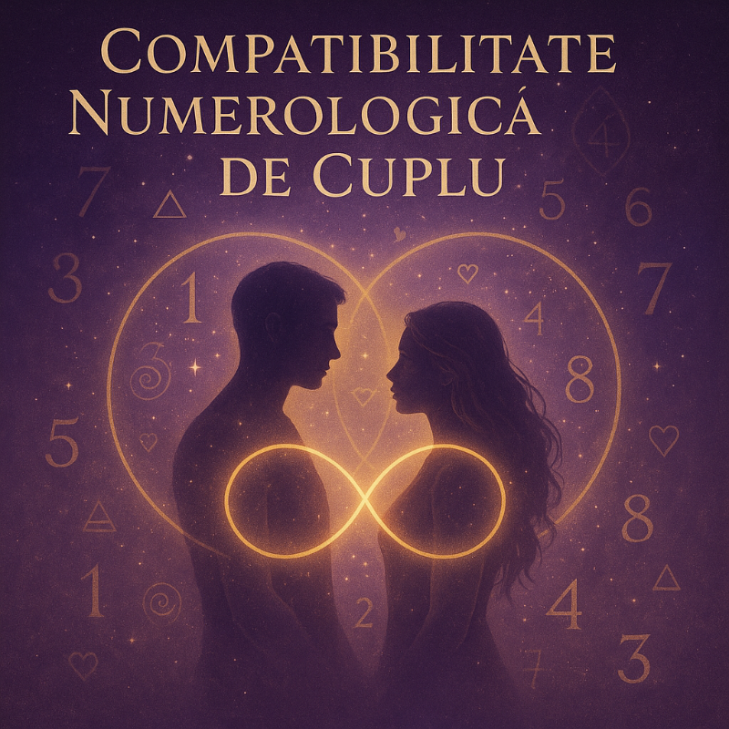ompatibilitate numerologică între doi parteneri – aură violet-aurie, simbolul infinitului, două siluete apropiate în cercuri de lumină, cifre și trăiri sacre