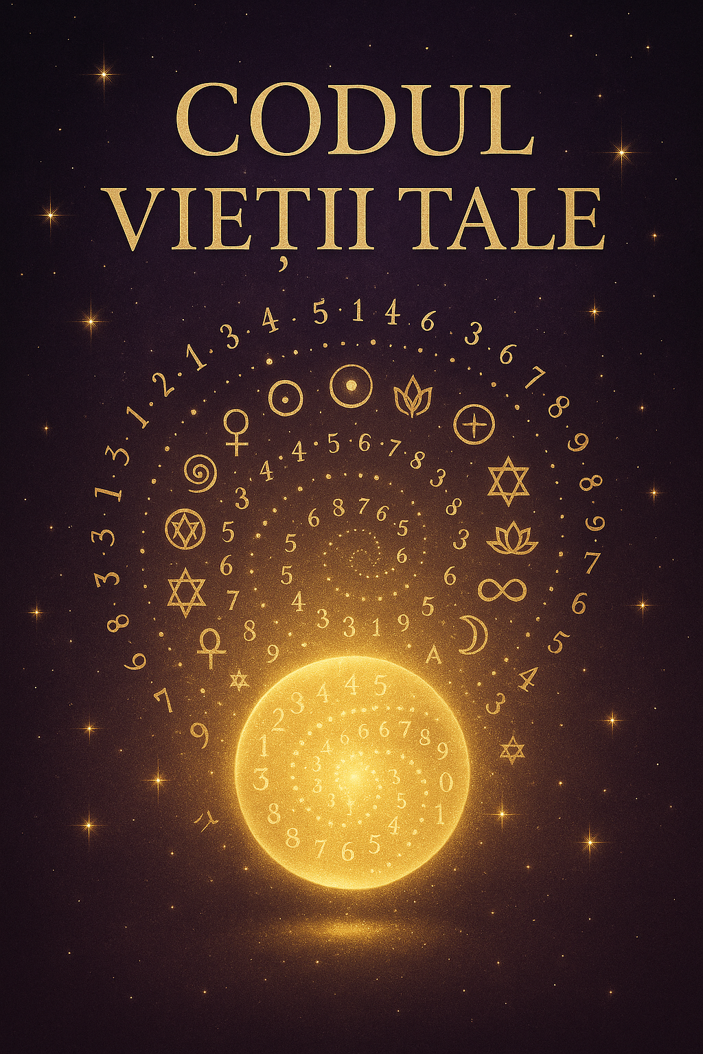 sferă aurie radiantă cu cifre și simboluri sacre dispuse în spirală, pe fundal violet cosmic