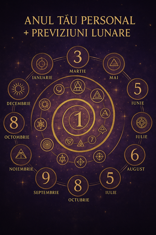 calendar spiritual cu spirală aurie, luni numerotate și simboluri mistice pe fundal mov