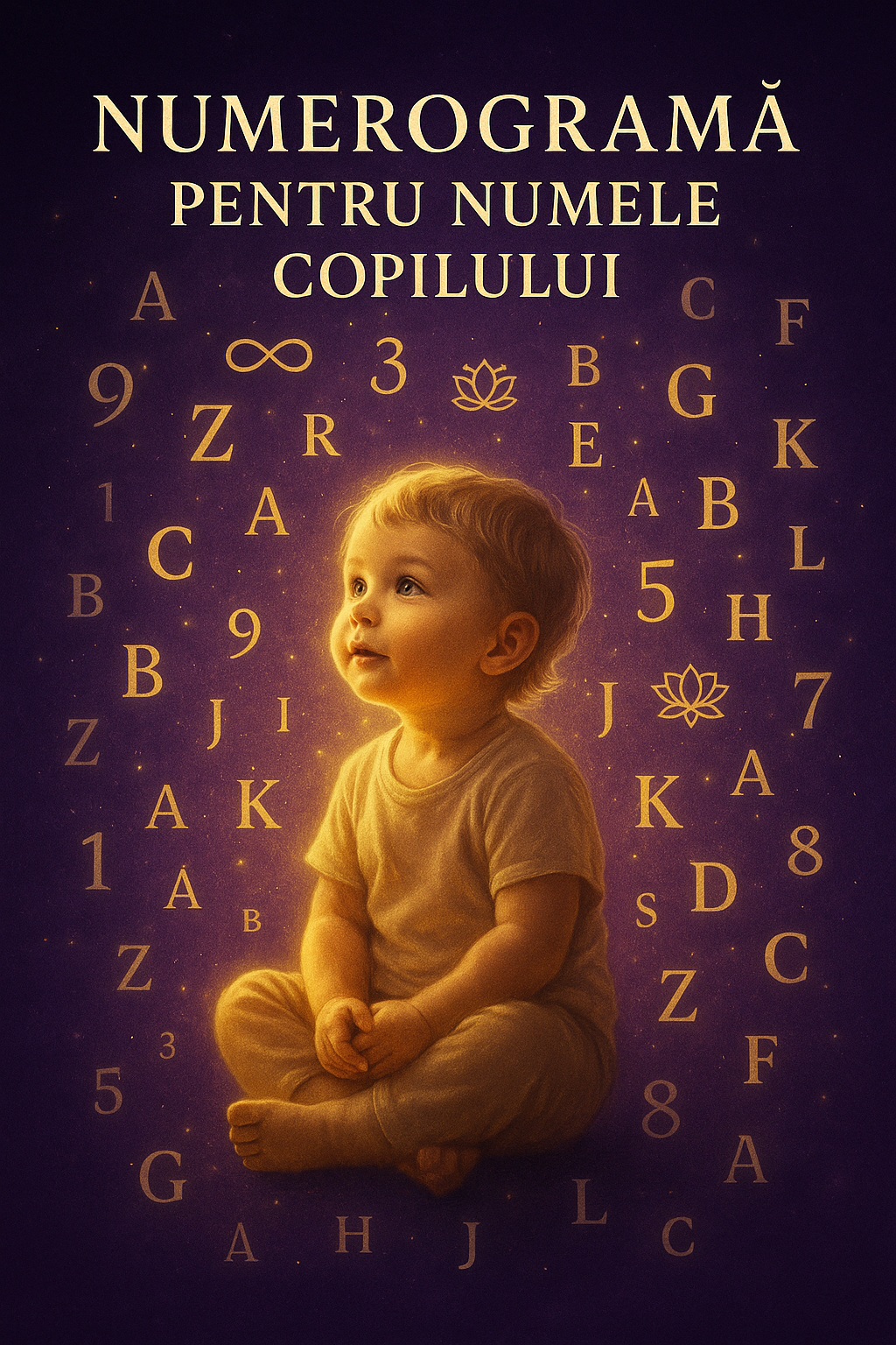  copil în lumină aurie, înconjurat de litere și cifre plutitoare pe fundal cosmic violet
