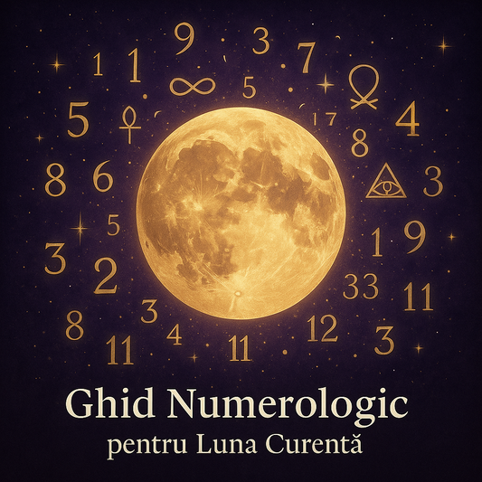 lună plină aurie înconjurată de cifre sacre, simboluri mistice și stele pe fundal violet