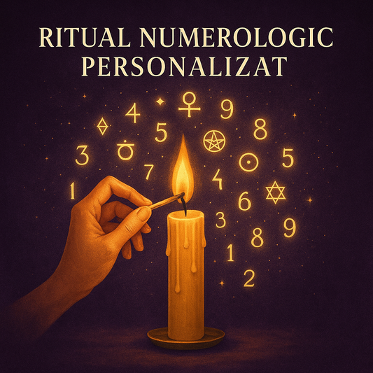 mână aprinzând o lumânare aurie, cu simboluri sacre și cifre plutind în jurul flăcării, fundal violet închis