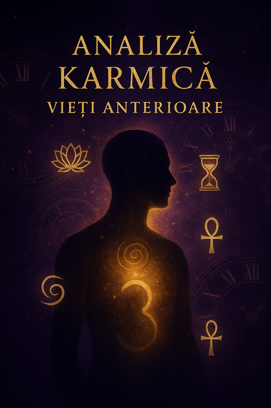 siluetă iluminată pe fundal cosmic, cu simboluri precum spirală, ankh și clepsidră – reprezentând viețile anterioare